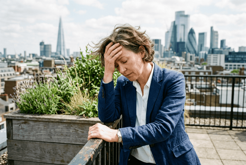 Gestresste Frau auf Dachterrasse in London, hält sich den Kopf, zeigt Anzeichen von Belastung und Stress, mit moderner Skyline im Hintergrund.