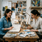 Zwei Frauen im kreativen Austausch in einem Atelier, umgeben von Kunstwerken, Skizzen und Farben, bei einer kreativen Beratungssitzung.