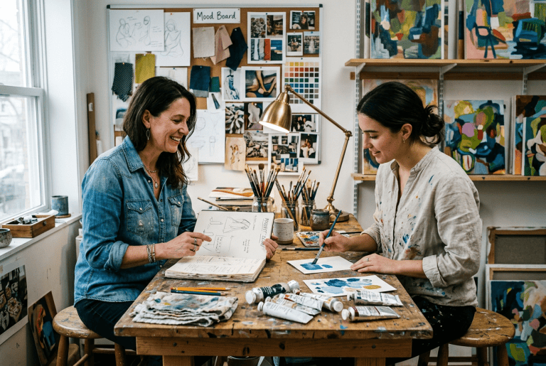 Zwei Frauen im kreativen Austausch in einem Atelier, umgeben von Kunstwerken, Skizzen und Farben, bei einer kreativen Beratungssitzung.