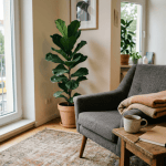 Gemütliches Beratungszimmer mit Sessel, Pflanze und Bücherregal, ideal für psychosoziale Beratung und Coaching.