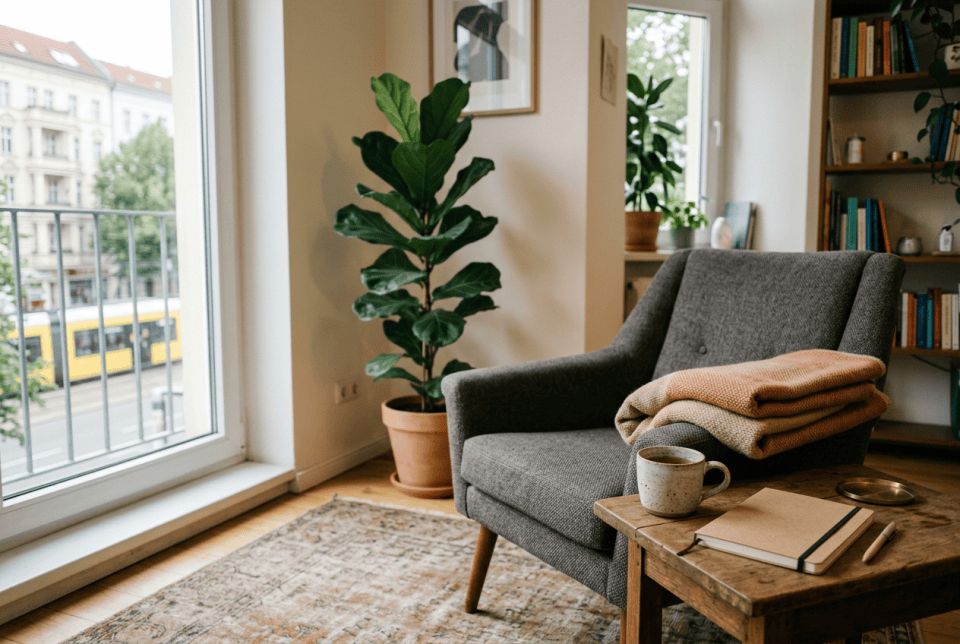 Gemütliches Beratungszimmer mit Sessel, Pflanze und Bücherregal, ideal für psychosoziale Beratung und Coaching.