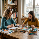 Zwei Frauen beim gemeinsamen Malen in einem hellen Raum mit Stadtblick, kreative Kunst- und Malkurse für Erwachsene, Förderung der künstlerischen Fähigkeiten, Inspiration und Entspannung.