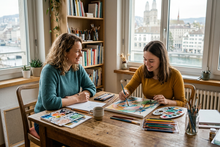 Zwei Frauen beim gemeinsamen Malen in einem hellen Raum mit Stadtblick, kreative Kunst- und Malkurse für Erwachsene, Förderung der künstlerischen Fähigkeiten, Inspiration und Entspannung.